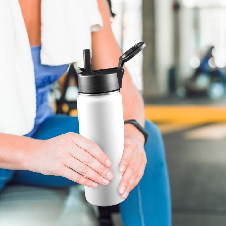 Custom Sports Water Bottle with Straw Lid - Premium stainless steel construction ensures durability and non-toxicity. Flip straw lid design for convenient opening and closing. Durable folding handle for easy portability at the gym. Double wall insulation keeps drinks warm or cold for a longer duration. Large 18 Oz capacity suitable for various occasions. Hand wash ONLY with soapy hot water for maintenance.