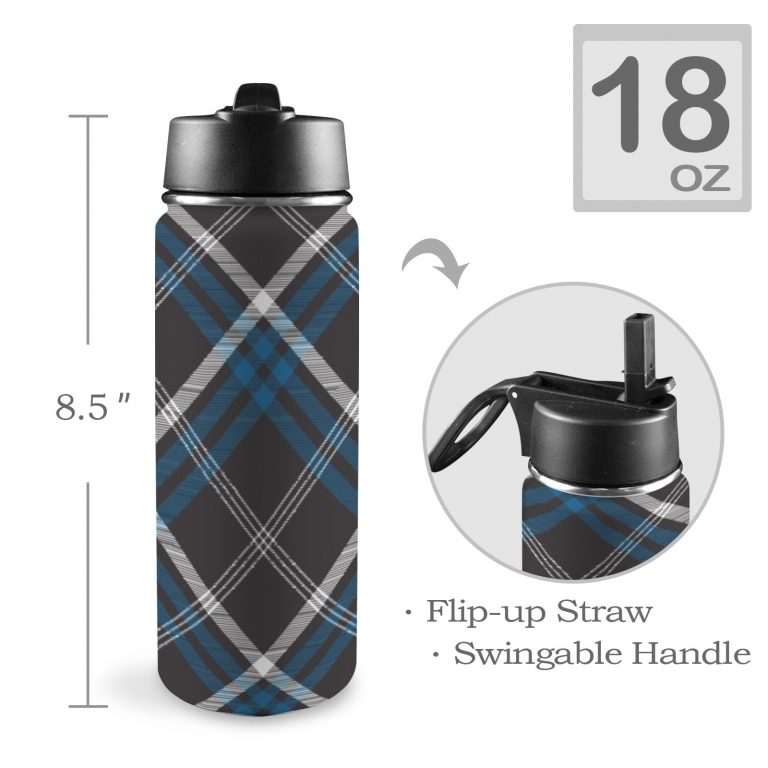 Custom Sports Water Bottle with Straw Lid - Premium stainless steel construction ensures durability and non-toxicity. Flip straw lid design for convenient opening and closing. Durable folding handle for easy portability at the gym. Double wall insulation keeps drinks warm or cold for a longer duration. Large 18 Oz capacity suitable for various occasions. Hand wash ONLY with soapy hot water for maintenance.