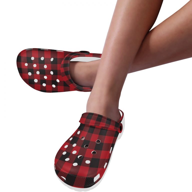 Plaid Superior Comfort Clogs in Red, Blue and Green Plaid alternative to Crocs exclusive collection offering durability, ventilation and a secure fit.