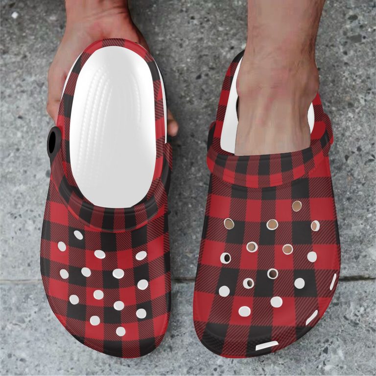 Plaid Superior Comfort Clogs in Red, Blue and Green Plaid alternative to Crocs exclusive collection offering durability, ventilation and a secure fit.
