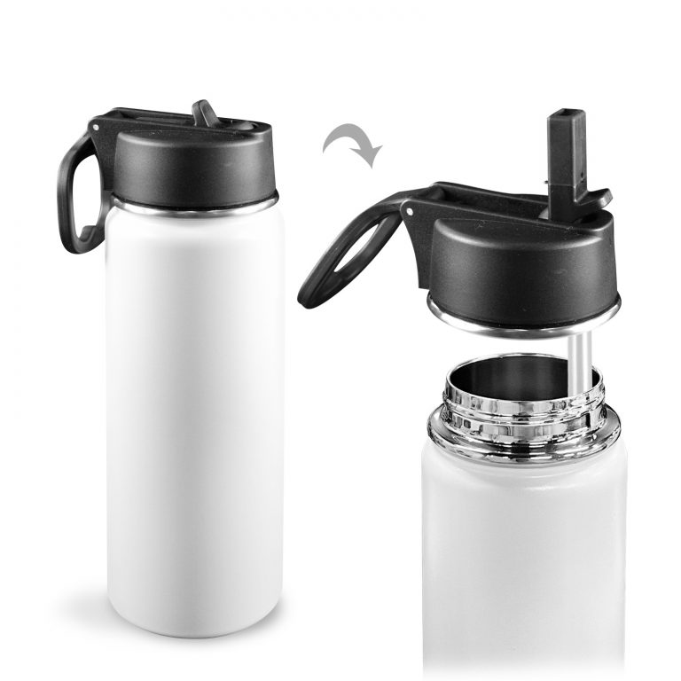 Custom Sports Water Bottle with Straw Lid - Premium stainless steel construction ensures durability and non-toxicity. Flip straw lid design for convenient opening and closing. Durable folding handle for easy portability at the gym. Double wall insulation keeps drinks warm or cold for a longer duration. Large 18 Oz capacity suitable for various occasions. Hand wash ONLY with soapy hot water for maintenance.