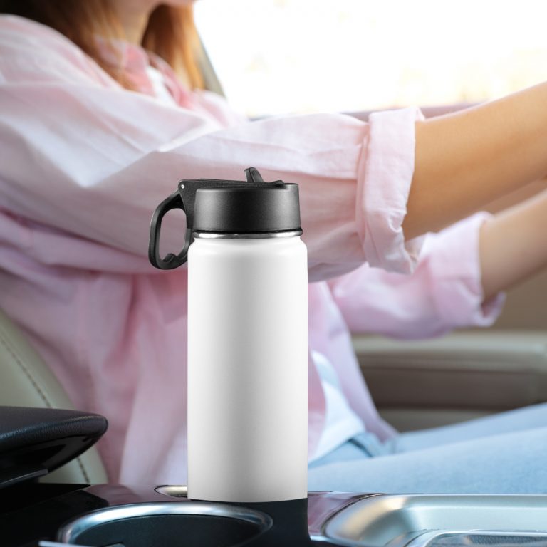 Custom Sports Water Bottle with Straw Lid - Premium stainless steel construction ensures durability and non-toxicity. Flip straw lid design for convenient opening and closing. Durable folding handle for easy portability at the gym. Double wall insulation keeps drinks warm or cold for a longer duration. Large 18 Oz capacity suitable for various occasions. Hand wash ONLY with soapy hot water for maintenance.