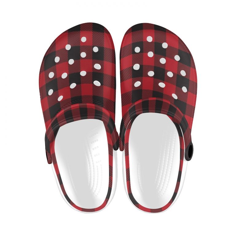 Plaid Superior Comfort Clogs in Red, Blue and Green Plaid alternative to Crocs exclusive collection offering durability, ventilation and a secure fit.