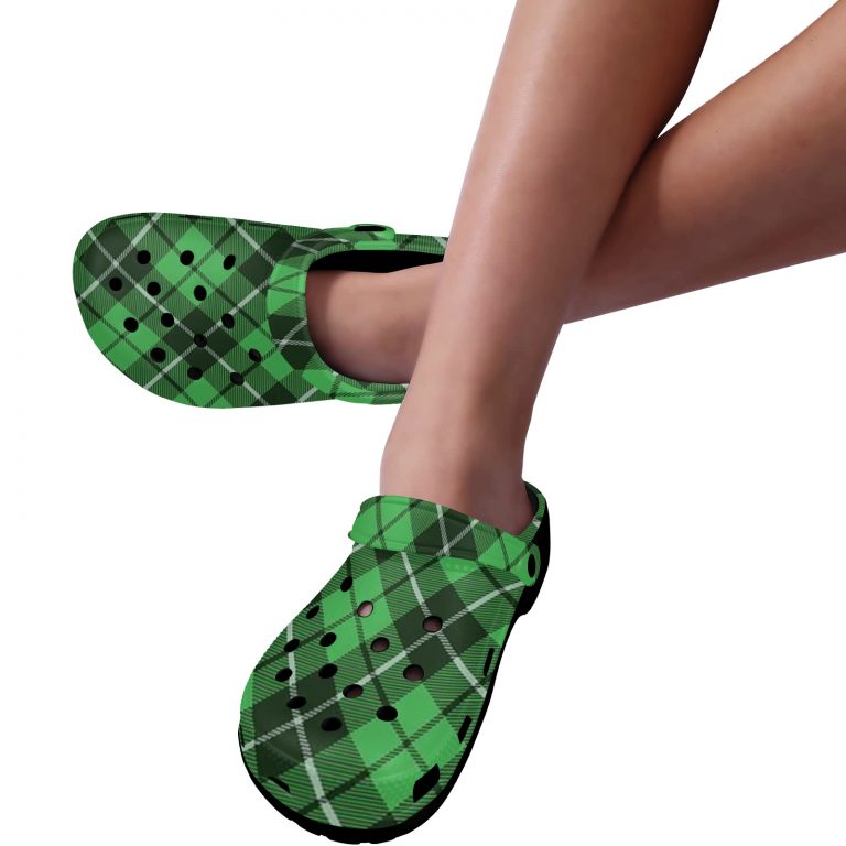 Plaid Superior Comfort Clogs in Red, Blue and Green Plaid alternative to Crocs exclusive collection offering durability, ventilation and a secure fit.