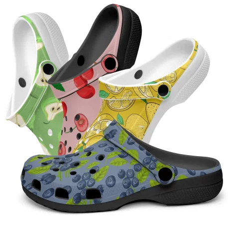 Cherry, Blueberry, Pear, Apple, and Lemon Fruit Print Premium Crocs exclusive collection offering durability, ventilation, secure fit and comfort