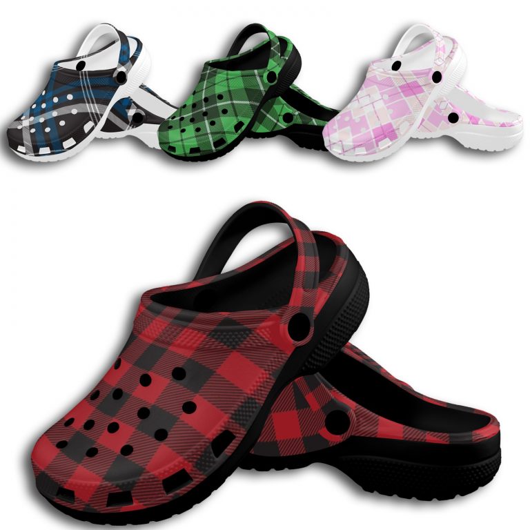 Plaid Superior Comfort Clogs in Red, Blue and Green Plaid alternative to Crocs exclusive collection offering durability, ventilation and a secure fit.