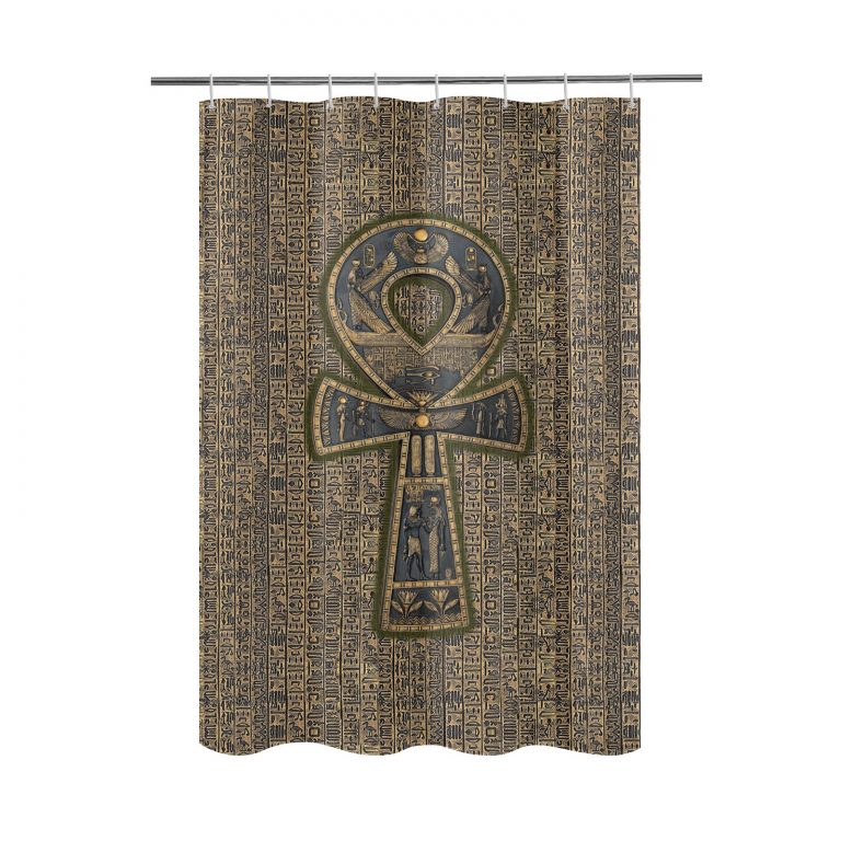 Pharaohs Ankh Hieroglyphs Shower Curtain: Add durability and style to your bathroom with this captivating curtain. Crafted from 100% polyester, it offers durability and softness. The one-sided printing features the Pharaohs Ankh Hieroglyphs design, adding ancient charm. It fits most standard bath tubs and comes with C-shaped curtain hooks for easy installation. The tough and splash-resistant material keeps water where it belongs, while being easy to clean. Transform your bathroom into an ancient sanctuary with our Pharaohs Ankh Hieroglyphs Shower Curtain. Upgrade your shower experience today!