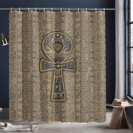 Pharaohs Ankh Hieroglyphs Shower Curtain: Add durability and style to your bathroom with this captivating curtain. Crafted from 100% polyester, it offers durability and softness. The one-sided printing features the Pharaohs Ankh Hieroglyphs design, adding ancient charm. It fits most standard bath tubs and comes with C-shaped curtain hooks for easy installation. The tough and splash-resistant material keeps water where it belongs, while being easy to clean. Transform your bathroom into an ancient sanctuary with our Pharaohs Ankh Hieroglyphs Shower Curtain. Upgrade your shower experience today!