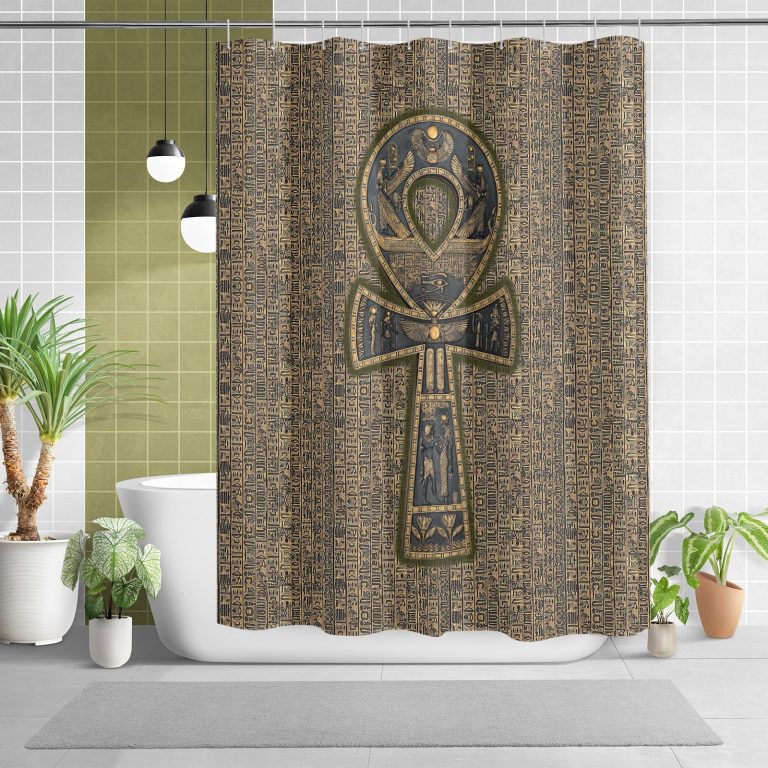 Pharaohs Ankh Hieroglyphs Shower Curtain: Add durability and style to your bathroom with this captivating curtain. Crafted from 100% polyester, it offers durability and softness. The one-sided printing features the Pharaohs Ankh Hieroglyphs design, adding ancient charm. It fits most standard bath tubs and comes with C-shaped curtain hooks for easy installation. The tough and splash-resistant material keeps water where it belongs, while being easy to clean. Transform your bathroom into an ancient sanctuary with our Pharaohs Ankh Hieroglyphs Shower Curtain. Upgrade your shower experience today!