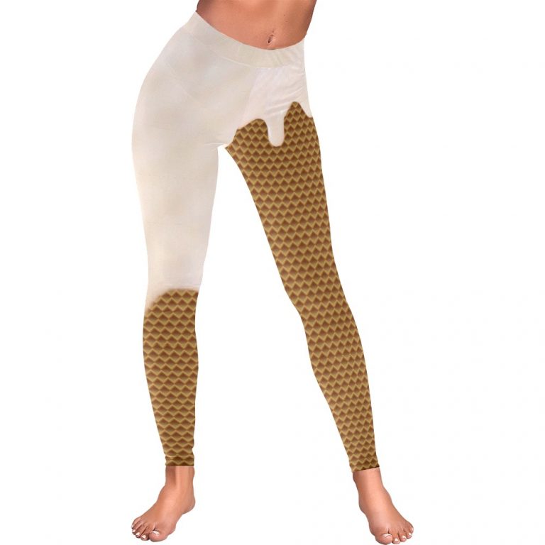 Dripping Ice Cream Waffle Cone Yoga Pants Spandex Leggings: Mouthwatering flavors, waffle cone print, high-quality material, skinny fit, tagless design, true to size, assembled in the USA, easy care. Perfect for yoga, workouts, or lounging. Note: Leggings do not contain actual ice cream or cones. Embrace your love for ice cream and stand out in style.