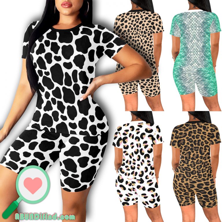 Animal Print Short Yoga Set: Cheetah, Cow, Leopard, Mermaid Scales, and Rose Leopard styles. 95% polyester, 5% spandex blend. Soft, stretchy, lightweight, and quick-drying fabric. Versatile for various exercises. Machine washable. Unleash your wild side and make a bold fashion statement. Note: Prints are for aesthetic purposes only, no real animal fur or skin. Embrace your untamed spirit!