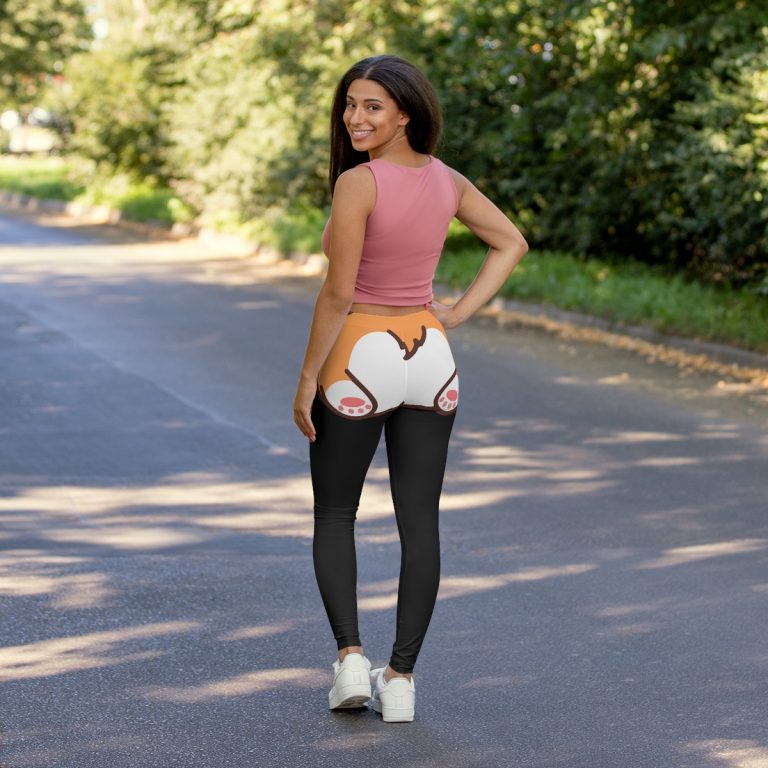 Corgi Butt Yoga Pants Spandex Leggings: Cute corgi design, various colors, comfortable fit, tagless, true to size, assembled in the USA, easy care. Perfect for yoga, workouts, or lounging. No actual pocket, corgi's face pops out. Embrace your love for corgis and show off your playful style.