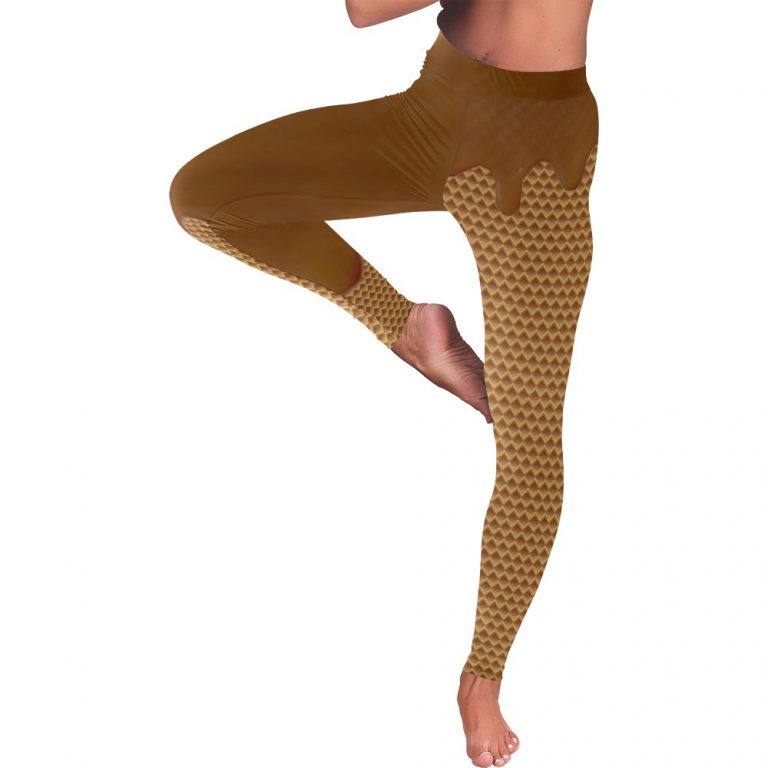 Dripping Ice Cream Waffle Cone Yoga Pants Spandex Leggings: Mouthwatering flavors, waffle cone print, high-quality material, skinny fit, tagless design, true to size, assembled in the USA, easy care. Perfect for yoga, workouts, or lounging. Note: Leggings do not contain actual ice cream or cones. Embrace your love for ice cream and stand out in style.