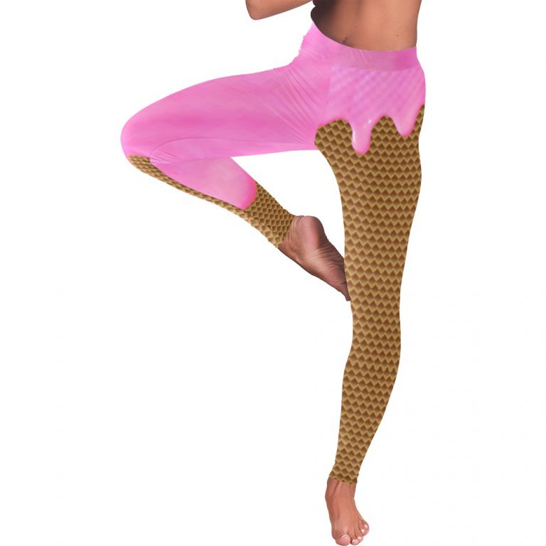 Dripping Ice Cream Waffle Cone Yoga Pants Spandex Leggings: Mouthwatering flavors, waffle cone print, high-quality material, skinny fit, tagless design, true to size, assembled in the USA, easy care. Perfect for yoga, workouts, or lounging. Note: Leggings do not contain actual ice cream or cones. Embrace your love for ice cream and stand out in style.
