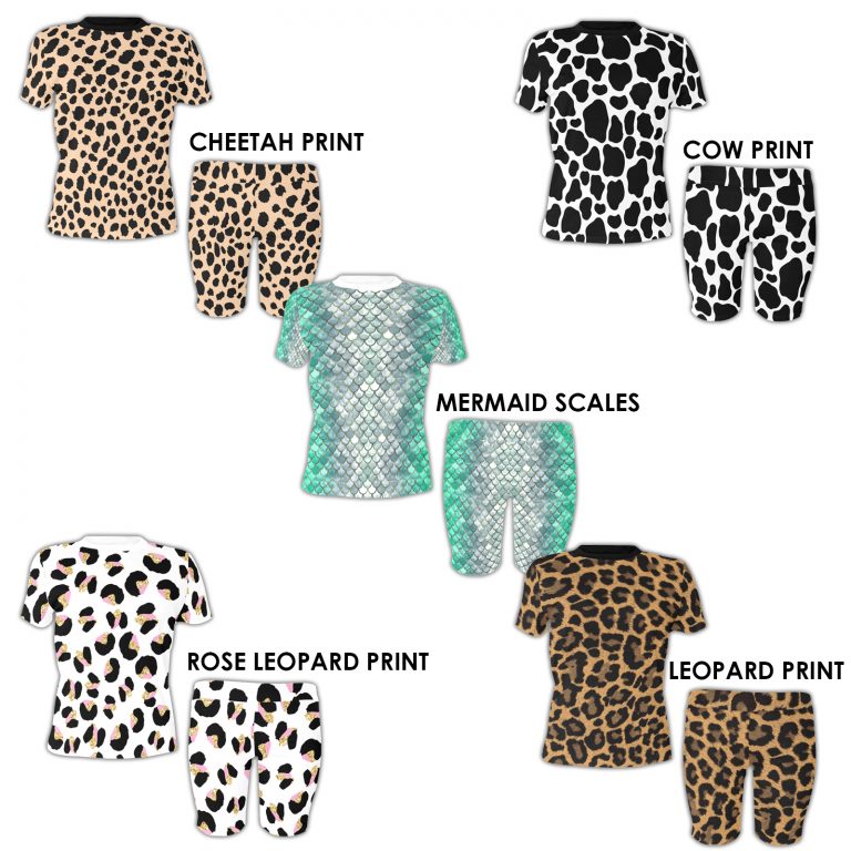 Animal Print Short Yoga Set: Cheetah, Cow, Leopard, Mermaid Scales, and Rose Leopard styles. 95% polyester, 5% spandex blend. Soft, stretchy, lightweight, and quick-drying fabric. Versatile for various exercises. Machine washable. Unleash your wild side and make a bold fashion statement. Note: Prints are for aesthetic purposes only, no real animal fur or skin. Embrace your untamed spirit!