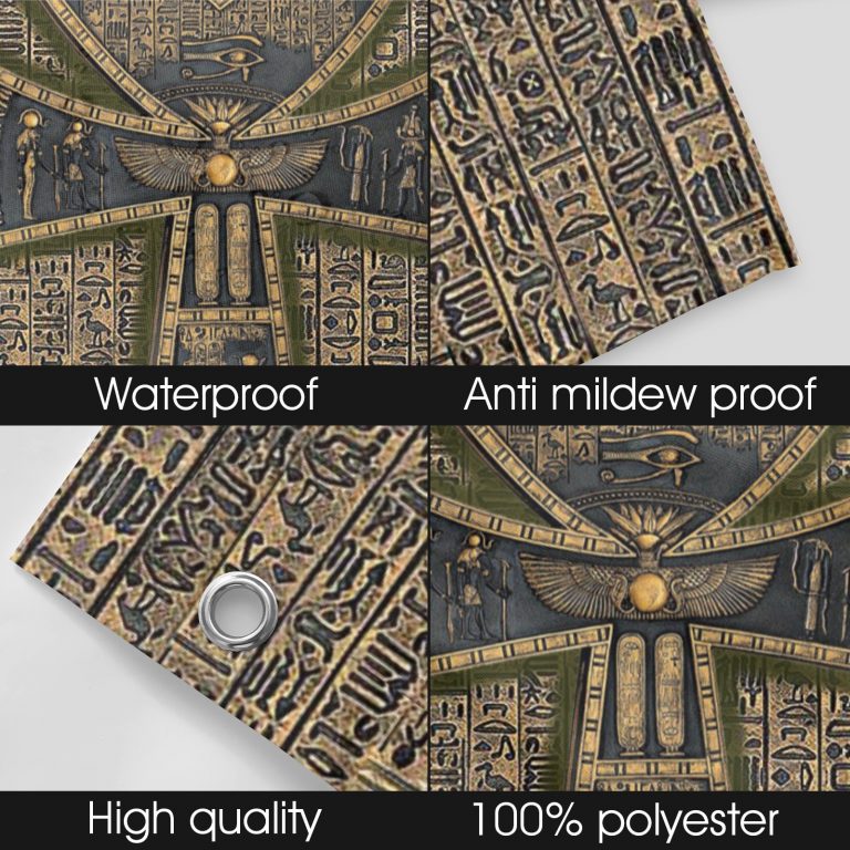 Pharaohs Ankh Hieroglyphs Shower Curtain: Add durability and style to your bathroom with this captivating curtain. Crafted from 100% polyester, it offers durability and softness. The one-sided printing features the Pharaohs Ankh Hieroglyphs design, adding ancient charm. It fits most standard bath tubs and comes with C-shaped curtain hooks for easy installation. The tough and splash-resistant material keeps water where it belongs, while being easy to clean. Transform your bathroom into an ancient sanctuary with our Pharaohs Ankh Hieroglyphs Shower Curtain. Upgrade your shower experience today!