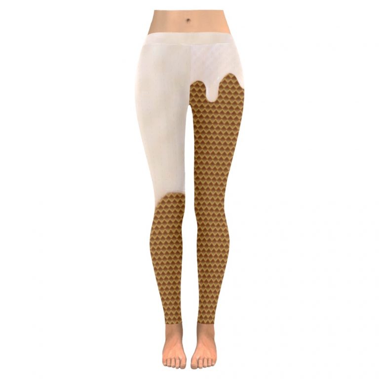 Dripping Ice Cream Waffle Cone Yoga Pants Spandex Leggings: Mouthwatering flavors, waffle cone print, high-quality material, skinny fit, tagless design, true to size, assembled in the USA, easy care. Perfect for yoga, workouts, or lounging. Note: Leggings do not contain actual ice cream or cones. Embrace your love for ice cream and stand out in style.