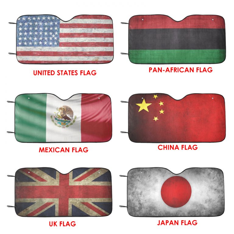 sun shade Sun protection Introducing our patriotic Flag Collection Car Sun Shade (55"x30") featuring country flag style designs. Crafted with a blend of anti-UV coating and aluminized film cushion, this sun shade not only protects your car seats and dashboard from sun damage but also ensures they remain cool to the touch. Material: 100% polyester with aluminized film cushion. Size: 55 inches x 30 inches (140cm x 75cm) Its foldable design allows for easy installation and removal. Equipped with suction cups for effortless windshield attachment without causing damage. Utilizes heat sublimation technique to prevent discoloration, ensuring long-lasting vibrant effects.