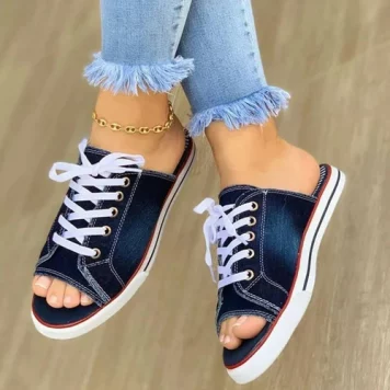 Denim Ladies Open-toed Flats Lace-up Slippers
