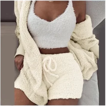 Fluffy Three Piece Sweater Shorts Set Sexy Lounge