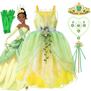 Transform your child into Princess Tiana with our enchanting ball gown inspired by ‘The Princess and the Frog’. This shoulderless design features premium polyester and mesh for comfort and style, perfect for dress-up, parties, or special occasions. Adorned with intricate floral appliqués and crafted to fit true to size, this dress combines fairy tale magic with trusted quality from Abundifind, available in sizes 25 months to 12 years. Ideal for imaginative play and unforgettable adventures.