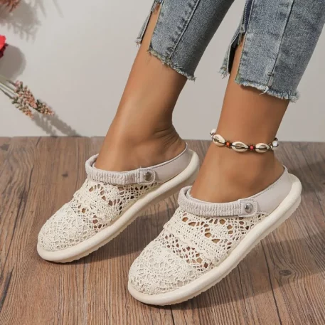 Experience style and comfort with our Lace Clog Sandals for women. These closed-toe, breathable shoes feature a true-to-size fit and a flat heel with a low height of 1cm-3cm, making them ideal for everyday wear. Designed with a covered side vamp, back strap, and elegant sewing details, these sandals offer both security and sophistication. Crafted from breathable mesh, with a soft EVA insole and durable rubber outsole, they ensure lasting comfort. Available in White and Apricot, these lightweight, soft sole flats are perfect for any casual occasion. Elevate your footwear collection with these chic and versatile sandals.