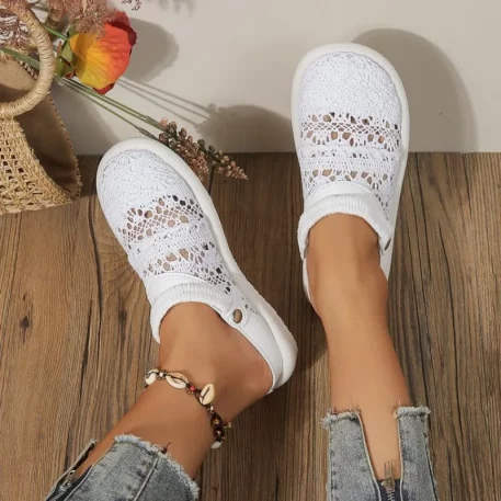 Experience style and comfort with our Lace Clog Sandals for women. These closed-toe, breathable shoes feature a true-to-size fit and a flat heel with a low height of 1cm-3cm, making them ideal for everyday wear. Designed with a covered side vamp, back strap, and elegant sewing details, these sandals offer both security and sophistication. Crafted from breathable mesh, with a soft EVA insole and durable rubber outsole, they ensure lasting comfort. Available in White and Apricot, these lightweight, soft sole flats are perfect for any casual occasion. Elevate your footwear collection with these chic and versatile sandals.