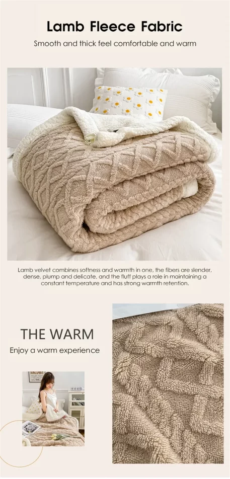 Embrace our Woven Lamb Wool Fleece Plush Throw Blanket, a must-have for anyone who craves style & coziness in their home. Experience warmth and elegance.