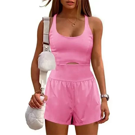 Backless One-Piece Athleisure Sports Romper - Effortless Style and Comfort for Modern Women. Featuring an off-the-shoulder design, criss-cross back, U-neck, and elasticated waist. Made of 90% polyester and 10% spandex for ultimate comfort and stretch. Ideal for home, casual outings, vacations, beach days, workouts, and yoga. Available in vibrant colors: Black, Lake Blue, Royal Blue, Soft Pink, and White. Sizes from Small to 2XL. Perfect gift for fashion-forward women. Unleash your confidence and style with this versatile romper.