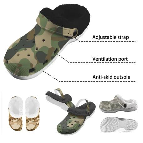 Gear up for any mission with Military Fatigue Camouflage Sherpa Fleece Clogs, tactical prowess and modern style. For the battlefield of everyday life.