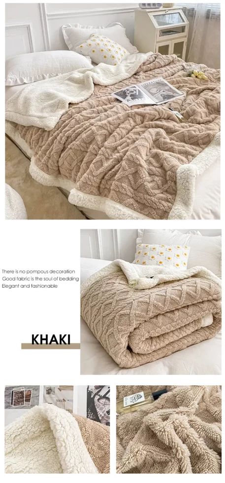 Embrace our Woven Lamb Wool Fleece Plush Throw Blanket, a must-have for anyone who craves style & coziness in their home. Experience warmth and elegance.