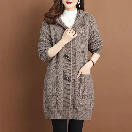 Cable-knit pattern Cardigan Hooded Knitted Sweater Jacket is perfect for those chilly autumn days and frosty winter nights.