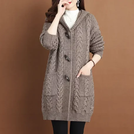 Cable-knit pattern Cardigan Hooded Knitted Sweater Jacket is perfect for those chilly autumn days and frosty winter nights.