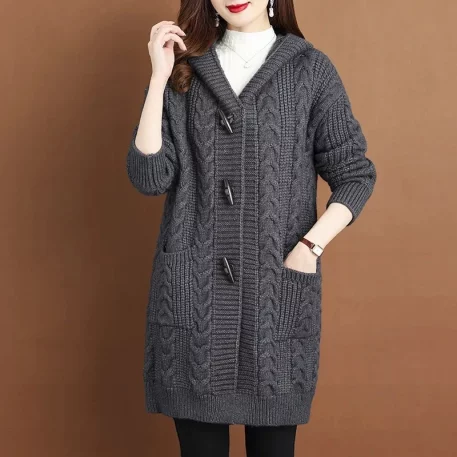 Cable-knit pattern Cardigan Hooded Knitted Sweater Jacket is perfect for those chilly autumn days and frosty winter nights.