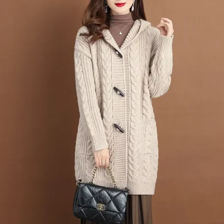 Cable-knit pattern Cardigan Hooded Knitted Sweater Jacket is perfect for those chilly autumn days and frosty winter nights.