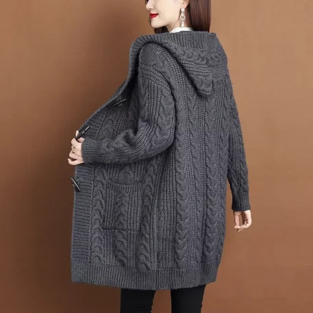 Cable-knit pattern Cardigan Hooded Knitted Sweater Jacket is perfect for those chilly autumn days and frosty winter nights.