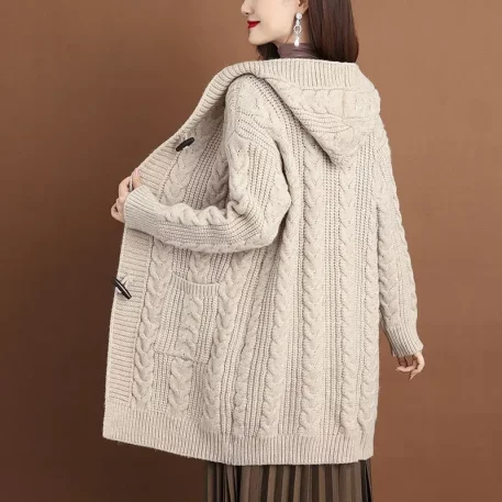 Cable-knit pattern Cardigan Hooded Knitted Sweater Jacket is perfect for those chilly autumn days and frosty winter nights.