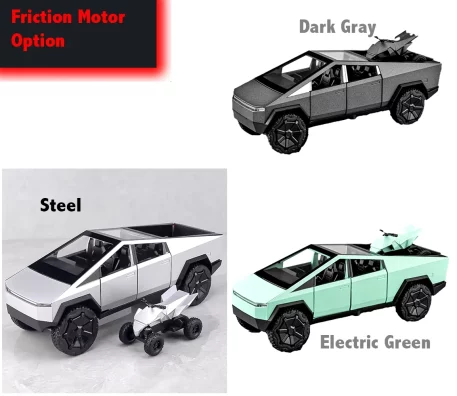 Remote Cyber toy truck Available in two options – Friction Motor and Remote Control – this toy offers a unique, immersive experience, with each option boasting its own interactive features, from friction-powered movement to full remote control. Cybertruck experience, each option offering features. Color Options include Steel, White Police Black Police.