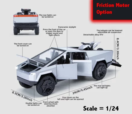 Remote Cyber toy truck Available in two options – Friction Motor and Remote Control – this toy offers a unique, immersive experience, with each option boasting its own interactive features, from friction-powered movement to full remote control. Cybertruck experience, each option offering features. Color Options include Steel, White Police Black Police.