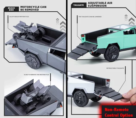 Remote Cyber toy truck Available in two options – Friction Motor and Remote Control – this toy offers a unique, immersive experience, with each option boasting its own interactive features, from friction-powered movement to full remote control. Cybertruck experience, each option offering features. Color Options include Steel, White Police Black Police.