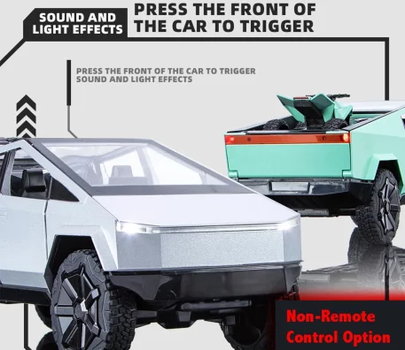 Remote Cyber toy truck Available in two options – Friction Motor and Remote Control – this toy offers a unique, immersive experience, with each option boasting its own interactive features, from friction-powered movement to full remote control. Cybertruck experience, each option offering features. Color Options include Steel, White Police Black Police.