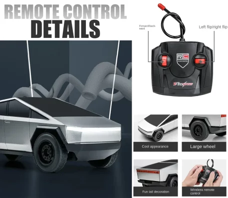 Remote Cyber toy truck Available in two options – Friction Motor and Remote Control – this toy offers a unique, immersive experience, with each option boasting its own interactive features, from friction-powered movement to full remote control. Cybertruck experience, each option offering features. Color Options include Steel, White Police Black Police.