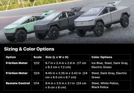 Remote Cyber toy truck Available in two options – Friction Motor and Remote Control – this toy offers a unique, immersive experience, with each option boasting its own interactive features, from friction-powered movement to full remote control. Cybertruck experience, each option offering features. Color Options include Steel, White Police Black Police.