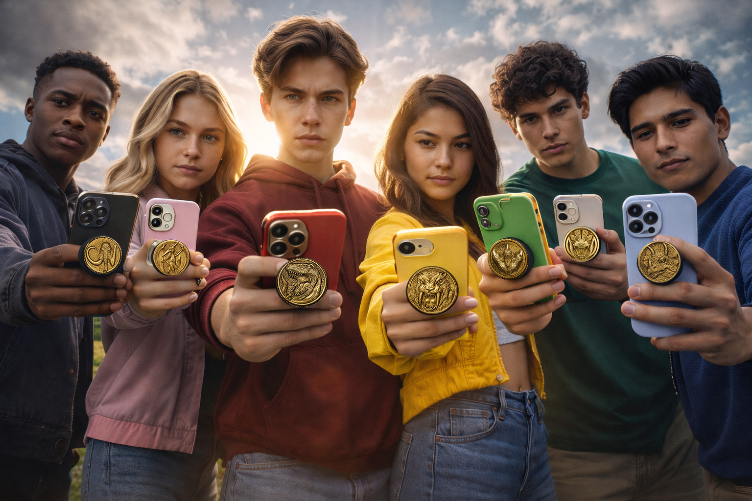 Group of teenagers with attitudes holding power coin smart phones outdoors at sunset.