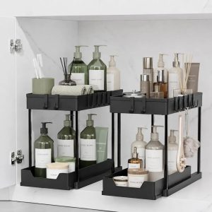 Two-tier sliding under-sink organizer in black
