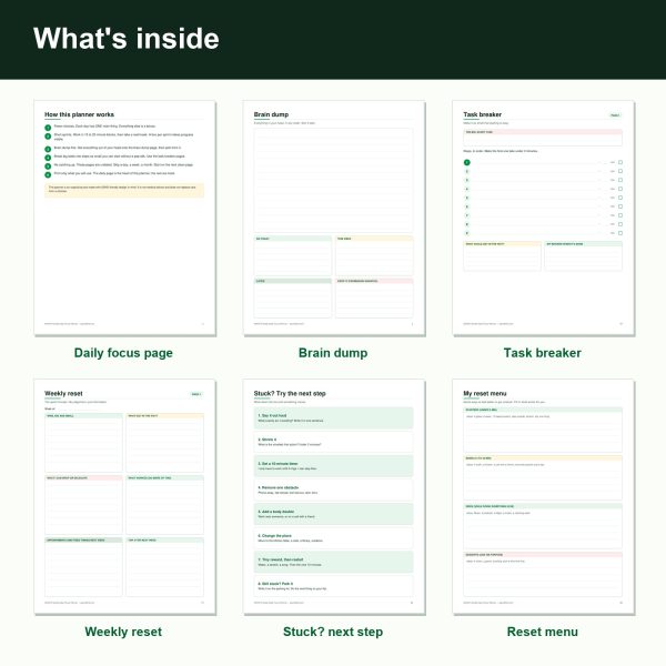ADHD-friendly daily focus planner pages: daily focus, brain dump and task breaker (inside)