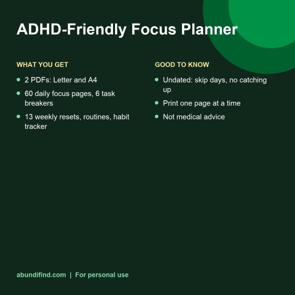 ADHD-friendly daily focus planner pages: daily focus, brain dump and task breaker (details)