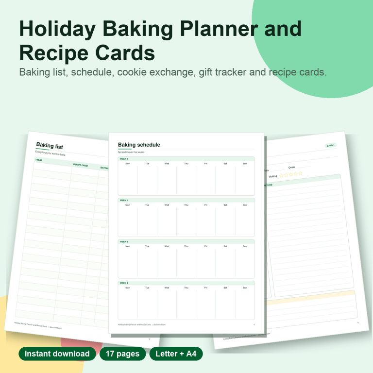 Holiday baking planner and recipe cards printable pages