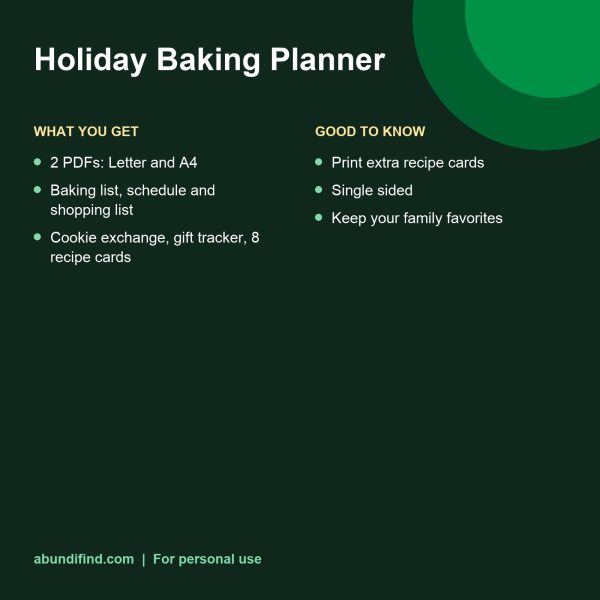 Holiday baking planner and recipe cards printable pages details