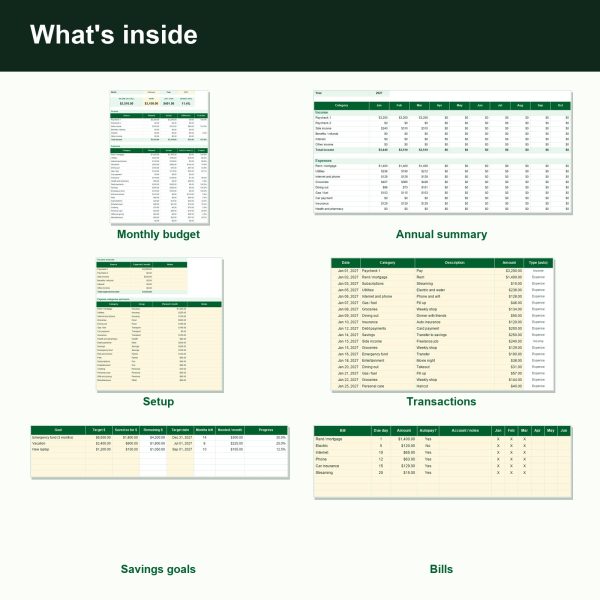 Monthly budget planner spreadsheet showing planned versus actual by category (inside)